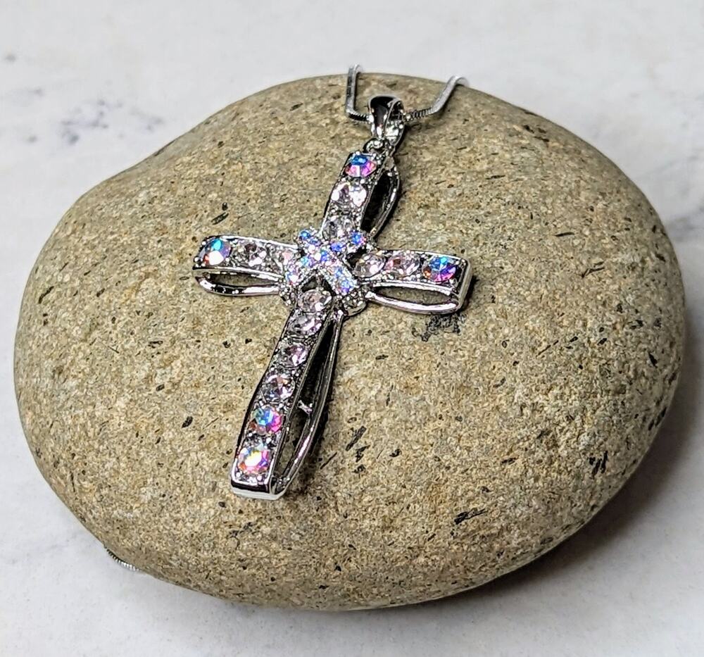 White Gold Plated Crystal Cross Necklace NEW Religious Spiritual Gift